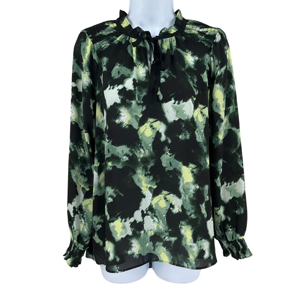 Simply Vera Top Womens XS Green Abstract‎ Watercolor Smocked Artsy Earthy Flowy